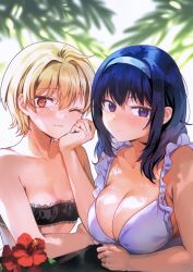 2girls ;) absurdres ahoge bare_shoulders blonde_hair blue_hairband blush breasts cleavage closed_mouth collarbone flower frills hairband harumi_hana highres huge_breasts ichihara_chiaki large_breasts looking_at_viewer looking_to_the_side mole mole_under_eye multiple_girls official_art one_eye_closed orange_eyes purple_eyes purple_hair sekai_de_ichiban_oppai_ga_suki! short_hair small_breasts smile strapless