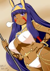 1girl animal_ears bare_shoulders belly_chain blunt_bangs blush bracelet breasts cleavage dark-skinned_female dark_skin earrings facepaint facial_mark fate/grand_order fate_(series) guriguri_(arayotto4351) hairband halterneck highres hoop_earrings jackal_ears jewelry large_breasts long_hair looking_at_viewer navel nitocris_(fate) purple_eyes purple_hair sidelocks solo staff thighs usekh_collar very_long_hair