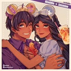 1boy 1girl aladdin_(disney) aladdin_(movie) animal_ears animification artist_name black_hair blue_bow blue_dress bow character_name copyright_name dark-skinned_female dark-skinned_male dark_skin disney dress drink drinking_straw fake_animal_ears food hair_bow hetero holding holding_drink holding_food instagram_username jasmine_(disney) lipstick long_hair makeup mickey_mouse_ears mizala one_eye_closed puffy_short_sleeves puffy_sleeves purple_shirt shirt short_hair short_sleeves smile twitter_username upper_body very_long_hair watermark