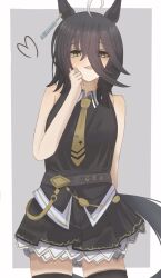 Rule 34 | 1girl, ahoge, alternate hair length, alternate hairstyle, animal ears, bare shoulders, belt, black belt, black hair, black skirt, black thighhighs, black vest, collared shirt, crossed bangs, ear tag, earrings, eyes visible through hair, grey hair, hair between eyes, hand up, hem peeking out, highres, horse ears, horse girl, horse tail, jewelry, long bangs, long hair between eyes, looking at viewer, manhattan cafe (umamusume), medium hair, multicolored hair, necktie, pleated skirt, rein (user kmes7822), shirt, single earring, skirt, solo, tail, thighhighs, umamusume, vest, white shirt, yellow eyes, yellow necktie, zettai ryouiki