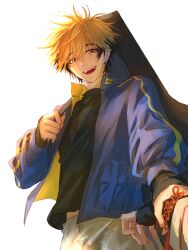 1boy :d black_hair black_shirt blonde_hair blue_jacket bracelet chinese_commentary chinese_knot cowboy_shot earrings grey_pants guitar_case hair_between_eyes highres holding holding_another&#039;s_wrist holding_strap instrument_case jacket jewelry long_sleeves looking_at_viewer male_focus multicolored_hair open_clothes open_jacket open_mouth out_of_frame pants pov pov_hands shiguang_dailiren shirt short_hair simple_background sleeves_past_wrists smile solo_focus spiked_hair tassel teeth track_jacket two-tone_hair upper_teeth_only white_background white_shirt xia_fei xiao_weiying yaoi yellow_eyes yizhiduxiu22616