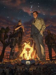 absurdres arcade_gannon armor benny_(fallout:_new_vegas) bird black_necktie boomers_(fallout) brotherhood_of_steel caesar&#039;s_legion chairmen_(fallout) checkered_clothes cityscape courier_(fallout:_new_vegas) cross crow dark_skin deimos_art fallout:_new_vegas fallout followers_of_the_apocalypse grave graveyard great_khans_(fallout) gun hand_in_pocket handgun highres julie_farkas looking_down marcus_(fallout) mohawk necktie new_california_republic night night_sky power_armor shovel sky smoking star_(sky) starry_sky super_mutant the_kings_(fallout) tower vest weapon yes_man_(fallout)