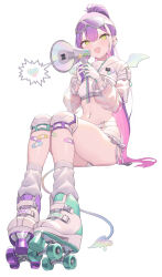 1girl absurdres bandaid bandaid_on_leg barbell_piercing bat_wings blush cloba colored_inner_hair cropped_jacket ear_piercing gloves goggles goggles_on_head green_eyes highres holding holding_megaphone hololive hooded_shrug industrial_piercing knee_pads long_hair long_sleeves looking_at_viewer loose_socks megaphone midriff multicolored_hair navel navel_piercing open_mouth piercing pink_hair ponytail purple_hair roller_skates see-through_clothes see-through_sleeves short_shorts shorts shrug_(clothing) sitting skates smile socks solo tokoyami_towa tokoyami_towa_(cyberpunk) two-sided_gloves virtual_youtuber white_gloves white_shorts white_shrug white_socks white_wings wings