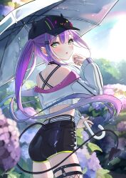 1girl :o ammo21204760 ass asymmetrical_legwear barbell_piercing bare_shoulders baseball_cap bibi_(tokoyami_towa) black_choker black_shorts blurry blush choker clothing_cutout cowboy_shot crop_top cropped_jacket demon_girl demon_tail ear_piercing fake_horns fishnet_thighhighs fishnets floating_hair flower from_behind green_eyes hair_ornament hairclip hat holding holding_umbrella hololive horned_headwear horns hydrangea industrial_piercing jacket legwear_garter long_hair long_sleeves looking_at_viewer looking_back midriff multicolored_hair multicolored_nails multiple_piercings nail_polish off_shoulder open_mouth outdoors parted_lips piercing pink_hair pointy_ears purple_flower purple_hair purple_nails rain short_shorts shorts sidelocks signature single_thighhigh solo standing streaked_hair tail tail_ornament tail_piercing tail_through_clothes thigh_strap thighhighs tokoyami_towa tokoyami_towa_(1st_costume) transparent transparent_umbrella twintails umbrella very_long_hair virtual_youtuber white_jacket yellow_nails