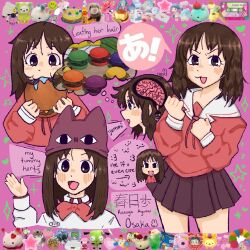 :3 azumanga_daiou blush brain brown_hair burger character_doll doll eating english_text food gir_(dog_costume)_(invader_zim) gir_(invader_zim) hatsune_miku highres invader_zim kasuga_ayumu milk_carton open_mouth pompompurin saliva sanrio skirt speech_bubble spongebob_squarepants spongebob_squarepants_(series) star_(symbol) sugardeerrr thought_bubble vocaloid