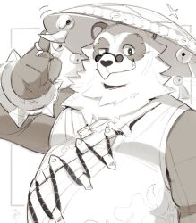 1boy bara belly bracelet chinese_clothes claws commentary english_commentary fat fat_man furry furry_male greyscale grin hand_on_headwear highres jewelry looking_at_viewer male_focus monochrome multiple_rings pan_yinhu popolipo ring round_eyewear smile spiked_bracelet spikes wok zenless_zone_zero