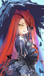1girl absurdres black_bow black_butterfly black_dress black_umbrella blue_background bow breasts bug butterfly dress fate/grand_order fate_(series) frills hair_between_eyes highres holding holding_umbrella horn-shaped_hair insect long_hair looking_at_viewer open_mouth parasol red_hair simple_background small_breasts smile solo typhon_ephemeros_(fate) umbrella user_judn8458 very_long_hair wide_sleeves yellow_eyes