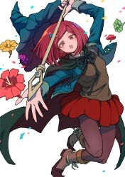 1girl black_cape black_jacket blush blush_stickers brown_pantyhose brown_vest cape collared_jacket confetti danganronpa_(series) danganronpa_v3:_killing_harmony eyelashes flower foreshortening grey_background hair_ornament hat highres holding holding_staff jacket jumping long_sleeves looking_at_viewer midair open_mouth pantyhose pleated_skirt pointy_footwear red_eyes red_hair red_skirt school_uniform short_hair simple_background skirt solo staff vest witch_hat youko-shima yumeno_himiko