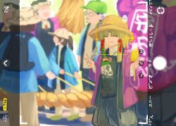 Rule 34 | 3girls, 4boys, baseball cap, black dress, blonde hair, blue jacket, bottle, closed eyes, commentary request, cowboy shot, dress, green hat, grin, hair ribbon, haori, hat, highres, holding, jacket, japanese clothes, medium hair, moriya suwako, multiple boys, multiple girls, purple jacket, red ribbon, ribbon, ritsuzou, rope, sake bottle, shimenawa, smile, solo focus, standing, touhou, translation request, v, viewfinder