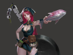1girl animal artist_name bare_shoulders belt belt_bag belt_buckle blue_collar blue_dress blue_headscarf blue_theme blue_wrist_cuffs breasts brown_bag brown_belt buckle character_request chinese_commentary cleavage closed_mouth collar commentary_request copyright_request cowboy_shot crossed_belts dress expressionless eyelashes fingernails fish frying_pan grey_background hand_on_own_hip headscarf highres holding holding_animal holding_fish lipstick long_hair makeup multiple_belts net onion outstretched_arm oversized_object pink_eyes pink_hair realistic red_lips short_dress simple_background solo starlab straight_hair thick_eyebrows thighs very_long_hair watermark wrist_cuffs