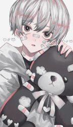 1boy absurdres bandaid bandaid_on_cheek bandaid_on_face bandaid_on_neck bandaid_on_nose black_shirt commentary_request grey_eyes grey_hair hair_between_eyes highres holding_teddy_bear hood hoodie looking_at_viewer male_focus nakazaki_yuna neck_ribbon open_mouth original portrait ribbon shirt short_hair solo stuffed_animal stuffed_toy teddy_bear white_background white_hoodie white_ribbon
