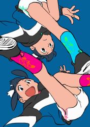 1boy 1girl :d alternate_costume black_eyes black_footwear black_hair blue_background blue_socks brother_and_sister character_print closed_mouth commentary creatures_(company) elizabeth_(tomas21) frown game_freak gen_3_pokemon hair_ribbon highres hood hoodie liza_(pokemon) minun nintendo open_mouth pink_socks plusle pokemon pokemon_oras ribbon shoes short_hair shorts siblings simple_background smile socks tate_(pokemon) white_ribbon white_shorts
