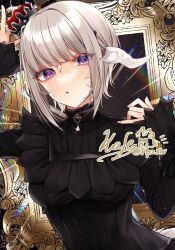 Rule 34 | 1girl, :o, au ra, black choker, black shirt, choker, crown, dragon girl, dragon horns, dragon tail, final fantasy, final fantasy xiv, fliz ts, grey hair, highres, horns, long sleeves, looking at viewer, mini crown, parted lips, picture frame, purple eyes, scales, shirt, short hair, signature, solo, tail, warrior of light (ff14)