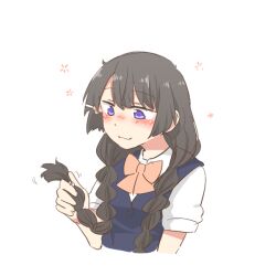 1girl black_hair blush blush_stickers bow braid cardigan_vest closed_mouth collared_shirt cropped_torso hair_over_shoulder hand_up holding holding_own_hair long_hair low_twintails nijisanji nose_blush pink_bow purple_eyes rebecca_(keinelove) shirt short_sleeves simple_background smile solo tsukino_mito tsukino_mito_(summer_uniform) twin_braids twintails upper_body very_long_hair virtual_youtuber white_background white_shirt
