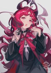 1girl ahoge arknights bare_shoulders black_collar black_dress black_horns blush check_commentary collar commentary_request diamond-shaped_pupils diamond_(shape) dress glint hands_up hemorina highres horns lock_necklace long_hair long_sleeves looking_at_viewer metal_collar neckerchief nymph_(arknights) open_mouth pink_eyes pink_nails pointy_ears puffy_long_sleeves puffy_sleeves red_hair red_neckerchief solo spiked_collar spikes sweat symbol-shaped_pupils upper_body watermark wavy_hair