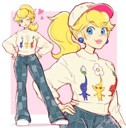 1girl absurdres alternate_costume artist_name belt black_eyes blonde_hair blue_eyes blue_pants blue_pikmin blue_skin casual closed_mouth colored_skin commentary earrings english_commentary frown hand_on_own_hip hands_on_own_hips hat heart highres jewelry long_nose long_sleeves mario_(series) nintendo no_mouth one_eye_closed pants pikmin_(creature) pikmin_(series) pink_background ponytail princess_peach red_lips red_pikmin red_skin shoes smile sphere_earrings sweater topsieturvy white_belt white_footwear white_hat yellow_pikmin yellow_skin yellow_sweater