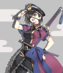 10mo 1girl black_hair black_hat black_pantyhose blush breasts dress eyepatch fate/grand_order fate_(series) green_eyes hair_over_one_eye hat highres katana looking_at_viewer medium_breasts mysterious_ranmaru_x_(fate) open_mouth pantyhose peaked_cap purple_dress sharp_teeth short_hair short_sleeves smile solo sword teeth weapon wrist_cuffs