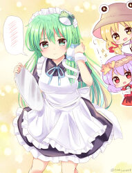 Rule 34 | 3girls, :d, alternate costume, apron, black dress, blonde hair, blue ribbon, brown hat, chibi, commentary request, cowboy shot, dress, enmaided, frog hair ornament, green eyes, green hair, hair ornament, hair tubes, hat, highres, holding, holding tray, kochiya sanae, leaf hair ornament, long hair, looking at viewer, maid, maid apron, maid headdress, moriya suwako, multiple girls, neck ribbon, open mouth, puffy short sleeves, puffy sleeves, purple hair, purple vest, ramudia (lamyun), red eyes, red shirt, red skirt, ribbon, shirt, short hair, short sleeves, single hair tube, skirt, smile, snake hair ornament, spoken blush, touhou, tray, twitter username, very long hair, vest, white apron, white shirt, wrist cuffs, yasaka kanako, yellow background, yellow eyes