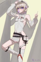 1girl absurdres blonde_hair blowing_bubble_gum breasts clothing_cutout covered_navel half-skirt highres hololive hololive_dev_is kneehighs leotard looking_at_viewer middle_finger miniskirt multicolored_hair purple_eyes purple_hair purple_nails s_aeho shoulder_cutout shrug_(clothing) sideboob single_kneehigh single_sock single_thighhigh skirt small_breasts socks solo streaked_hair thighhighs todoroki_hajime todoroki_hajime_(regloss_uniform) two_side_up virtual_youtuber white_leotard white_skirt white_thighhighs