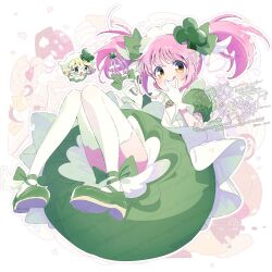 2girls :q amulet_clover ankle_bow ankle_ribbon apron blonde_hair bow bubble_skirt cake cake_slice chibi chocolate closed_mouth club_hair_ornament collared_dress commentary_request dessert dot_nose dress eyelashes food food-themed_background frilled_apron frills full_body gloves green_bow green_dress green_shoes green_theme hair_between_eyes hair_bow halftone hand_on_own_chin happy headscarf heart highres hinamori_amu holding holding_whisk humpty_lock_(shugo_chara!) light_blush long_hair looking_at_viewer magical_girl maid maid_headdress mary_janes multiple_girls open_mouth outline pink_hair puffy_short_sleeves puffy_sleeves ribbon serizawa_serizane shoes short_dress short_hair short_sleeves short_twintails shugo_chara! sitting skirt smile solo_focus strawberry_shortcake suu_(shugo_chara!) swept_bangs tareme thighhighs tongue tongue_out twintails twitter_username watermark whisk white_apron white_background white_gloves white_headscarf white_outline white_thighhighs yellow_eyes