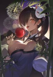 1girl absurdres apple breasts candy_apple dark-skinned_female dark_skin food fruit goddess_of_victory:_nikke highres holding holding_food holding_fruit japanese_clothes kimono koi_wanko large_breasts mole mole_on_breast mole_under_mouth naga_(last_girlhood)_(nikke) naga_(nikke) official_alternate_costume purple_kimono solo upper_body