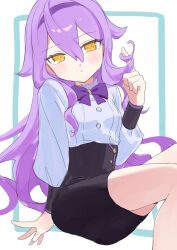 1girl black_skirt blue_background bow breasts closed_mouth commentary_request commission feet_out_of_frame hair_between_eyes hand_up head_tilt highres honkai_(series) honkai_impact_3rd long_sleeves looking_at_viewer orange_eyes pencil_skirt puffy_long_sleeves puffy_sleeves purple_bow purple_hair roena shirt sirin sitting skirt small_breasts solo twirling_hair two-tone_background white_background white_shirt