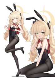 1girl absurdres alternate_costume alternate_hairstyle animal_ear_hairband animal_ears backpack bag bare_arms bare_shoulders between_legs black_hairband black_leotard black_ribbon black_shoes blonde_hair blue_archive blush bow bowtie breasts ciza_gomi cleavage closed_mouth crime_prevention_buzzer detached_collar fake_animal_ears green_eyes hair_ribbon hairband halo hand_between_legs high_heels highres holding holding_bag leotard loli long_hair looking_at_viewer open_mouth playboy_bunny professor_niyaniya_(blue_archive) rabbit_ear_hairband rabbit_ears randoseru red_bag red_bow red_bowtie ribbon shoes sidelocks sitting small_breasts smile solo standing standing_on_one_leg strapless strapless_leotard twintails wariza yellow_halo