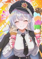 1girl absurdres black_coat black_necktie blue_archive braid closed_mouth coat coat_on_shoulders collared_shirt food halo haruna_(blue_archive) hat highres himmel_gewalt holding holding_food holding_ice_cream holding_ice_cream_cone ice_cream ice_cream_cone long_hair necktie peaked_cap red_halo shirt shirt_tucked_in side_braid smile solo upper_body waffle_cone white_shirt