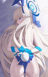 1girl absurdres animal_ear_hairband animal_ears bare_arms bare_back bare_shoulders blonde_hair blue_archive blue_bow blue_eyes blue_hairband blue_leotard blush bound bound_wrists bow closed_mouth fake_animal_ears fake_tail from_behind hair_bow hairband highres leotard long_hair looking_at_viewer lying maji_(majidesu3) official_alternate_costume official_alternate_hairstyle on_stomach rabbit_ear_hairband rabbit_ears rabbit_tail solo tail toki_(blue_archive) toki_(bunny)_(blue_archive)