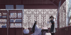 2boys animal black_boots black_hair black_hanfu black_sash book book_stack boots chinese_clothes cupboard desk falling_leaves hair_ribbon hanfu headband high_ponytail holding holding_animal indoors lan_wangji leaf long_hair long_sidelocks long_sleeves male_focus modao_zushi multiple_boys open_mouth open_window pants ponytail rabbit red_ribbon ribbon sash scroll shelf sidelocks sitting smile standing tassel topknot tree vase wei_wuxian white_hanfu white_headband white_pants white_rabbit_(animal) wide_sleeves window xianduguaitan xiao_guan_(headdress)