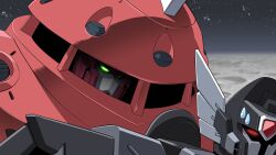 behind_another black_knight_squad_shi-ve.a glowing glowing_eye glowing_eyes green_eyes gundam gundam_seed gundam_seed_freedom henshako highres infinite_justice_gundam_type_ii mecha mecha_focus mobile_suit no_humans planet red_eyes robot science_fiction space standing sweatdrop z&#039;gok_(seed) zooming_in