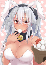 1girl abyssal_ship alternate_costume breasts cleavage collar dark-skinned_female dark_skin dated eating enemy_lifebuoy_(kancolle) food glasses graphite_(medium) hair_between_eyes highres jewelry kantai_collection kikumon large_breasts leotard mashiro_yukiya millipen_(medium) mochi mochitsuki musashi_(kancolle) musashi_kai_ni_(kancolle) pen_(medium) pink_background playboy_bunny polka_dot polka_dot_background red_eyes ring semi-rimless_eyewear silver_hair solo traditional_media twintails upper_body wedding_band white_leotard wrist_cuffs