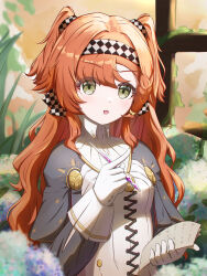 Rule 34 | 1girl, absurdres, black hairband, blush, breasts, dress, green eyes, hairband, hand up, highres, holding, holding paper, holding pen, lingerain, long hair, looking at viewer, open mouth, orange hair, paper, pen, reverse:1999, small breasts, solo, sonetto (reverse:1999), upper body, very long hair, wavy hair, white dress