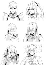 absurdres armor blush box collared_shirt commentary_request constricted_pupils dildo embarrassed expression_chart multiple_expressions greyscale highres holding holding_box holding_sex_toy knight long_hair monochrome multiple_views nervous_smile original ponytail serious sex_toy shirt smile speech_bubble surprised takaman_(gaffe) translation_request white_background wide-eyed