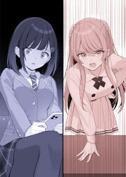 2girls :o angry billionaire_program blazer bob_cut breasts collared_shirt commentary_request dot_nose feet_out_of_frame flower hair_flower hair_ornament hair_over_shoulder hand_on_own_hip hand_on_table highres holding holding_phone isemi_rukako jacket lapels long_hair long_sleeves looking_at_phone looking_at_viewer medium_breasts medium_hair miniskirt multiple_girls necktie nervous_sweating notched_lapels open_mouth phone plaid_clothes plaid_skirt pleated_skirt second-party_source serizawa_arika shiromikan shirt sitting skirt striped_necktie sweat teeth trembling v-shaped_eyebrows wing_collar