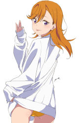 1girl absurdres ass brown_hair closed_mouth cowboy_shot from_behind highres long_hair long_sleeves looking_at_viewer looking_back love_live! love_live!_superstar!! nagi_mkrnpn panties purple_eyes shibuya_kanon shirt simple_background sketch sleeves_past_wrists smile solo standing straight_hair tongue tongue_out underwear white_background white_shirt yellow_panties