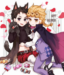 2boys animal_ears black_hair blonde_hair boots braid candy cape claws crop_top earrings fang food giorno_giovanna guido_mista happy_halloween jewelry jojo_no_kimyou_na_bouken knee_boots kneeling lollipop male_focus multiple_boys nekoyashiki_pushio petals purple_eyes ribbed_sweater sitting sweater swirl_lollipop tail vento_aureo victory_rolls white_footwear wolf_ears wolf_paws wolf_tail yellow_eyes