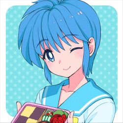 1girl blue_background blue_eyes blue_hair blue_sailor_collar bright_pupils closed_mouth collarbone dot_nose hair_between_eyes head_tilt holding_bento irinogoma kirameki_high_school_uniform light_blush looking_at_viewer nijino_saki one_eye_closed polka_dot polka_dot_background portrait sailor_collar school_uniform shirt short_hair smile solo summer_uniform tokimeki_memorial tokimeki_memorial_1 white_pupils white_shirt