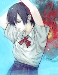 1girl blue_hair hair_over_one_eye highres kagune_(tokyo_ghoul) kirishima_touka open_mouth pleated_skirt red_eyes school_uniform shirt short_hair skirt solo stfr_(stfr_kaz) tokyo_ghoul white_shirt