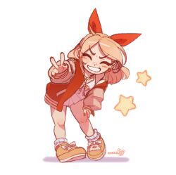 1girl ^_^ artist_name blonde_hair closed_eyes commentary cudlil cudlil_(character) deformed dress earrings english_commentary hair_ribbon hand_on_own_leg highres jewelry leaning_forward looking_at_viewer medium_hair original parted_bangs red_nails red_ribbon ribbon shadow shoes sleeves_past_wrists smile sneakers solo star_(symbol) v v-shaped_eyebrows white_background white_dress
