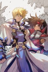 1_ssmk 2boys blonde_hair blue_eyes broken_wall brown_hair closed_mouth commentary_request english_text fingerless_gloves gloves guilty_gear guilty_gear_xx hair_between_eyes hair_over_one_eye headband highres holding holding_sword holding_weapon ky_kiske long_hair male_focus multiple_boys order-sol ponytail shaded_face short_hair sol_badguy sword thunderseal weapon