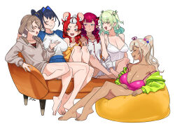 6+girls absurdres alternate_costume animal_ears bare_legs barefoot bean_bag_chair blue_hair blush braid breasts brown_hair brown_hoodie camisole ceres_fauna cleavage closed_eyes couch dark-skinned_female dark_skin feet green_hair grin hair_intakes hair_ornament hakos_baelz half-closed_eyes heterochromia highres holocouncil hololive hololive_english hood hoodie irys_(hololive) large_breasts long_hair looking_at_another low_twintails medium_hair mouse_ears multiple_girls nanashi_mumei no_pants on_couch ouro_kronii pajamas pink_hair pink_tank_top reclining shirt signature single_braid sitting smile tank_top toes tree_horns tsukumo_sana twintails white_background white_camisole white_pajamas white_shirt yan_jhia yellow_shirt
