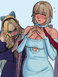 2girls bare_shoulders blonde_hair blue_dress brown_hair detached_sleeves dress drugsandsocks dungeon_meshi falin_touden falin_touden_(tallman) highres leaning_forward long_hair marcille_donato multiple_girls naughty_face nervous nervous_sweating short_hair sweat white_dress yuri