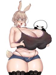1girl animal_ears black_panties breasts cleavage covered_erect_nipples gigantic_breasts glasses green_eyes haitai_umita highleg highleg_panties highres looking_at_viewer navel open_mouth original panties rabbit_ears rabbit_girl rabbit_tail round_eyewear see-through_clothes short_shorts shorts simple_background skindentation solo tail thick_thighs thighhighs thighs tongue underwear white_background