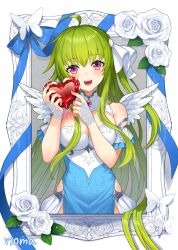 1girl :d ahoge artist_name bare_shoulders blue_ribbon blush breasts bridal_gauntlets bug butterfly cleavage dress flower green_hair green_nails heart holding holding_heart insect large_breasts long_hair looking_at_viewer medium_breasts nail_polish noma_(kifyz23) open_mouth original picture_frame ribbon rose sleeveless smile solo very_long_hair white_flower white_rose wings