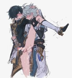 2boys ahoge anal bar_censor black_coat black_shirt black_sleeves blue_hair blue_robe blush censored chinese_clothes chongyun_(genshin_impact) closed_eyes coat detached_sleeves earrings fingerless_gloves genshin_impact gloves hand_on_another&#039;s_head hand_on_another&#039;s_thigh highres hydro_symbol_(genshin_impact) jewelry layered_sleeves long_sleeves male_focus multiple_boys penis robe sex shirt short_hair simple_background sketch standing standing_sex tuhuoooo white_background white_coat xingqiu_(genshin_impact) yaoi
