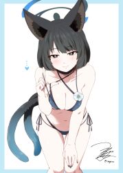 1girl absurdres animal_ears bakeneko bikini black_eyes black_hair black_nails black_tail blue_archive blue_bikini blue_halo blue_tail breasts cat_ears cat_girl cat_tail criss-cross_straps gradient_tail halo heart highres kikyou_(blue_archive) kikyou_(swimsuit)_(blue_archive) large_breasts layered_bikini leaning_forward looking_at_viewer multi-strapped_bikini_bottom multiple_tails navel official_alternate_costume revision short_hair smile solo swimsuit tail two_tails yua_(checkmate)