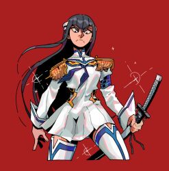 Rule 34 | 1girl, angry, bakuzan, black hair, blue eyes, blue necktie, boots, caranvolo, commentary, dress, dutch angle, english commentary, epaulettes, from below, highres, holding, holding sword, holding weapon, junketsu, katana, kill la kill, kiryuuin satsuki, long hair, looking at viewer, necktie, pleated dress, red background, school uniform, scowl, sheath, sheathed, short dress, solo, sparkle, sword, thick eyebrows, thigh boots, thighhighs, weapon, white boots, white dress