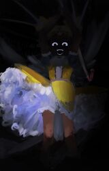 1girl aika_(kiana_mai) angelplushie blonde_hair dark_skin dress highres holding holding_lead_pipe horror_(theme) i_don&#039;t_want_to_be_a_magical_girl lead_pipe magical_girl open_mouth smile star_guardian:_guardian_of_the_stars teeth very_dark_skin