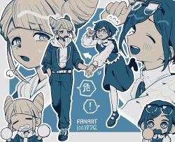 ! 100387l 2girls adjusting_eyewear arrow_(symbol) backpack bag belt chibi chibi_inset closed_eyes collared_shirt cone_hair_bun diagonal_bangs double_bun eyewear_on_head flying_sweatdrops frilled_shirt frilled_sleeves frills fukurai_azami full_body hair_bun hand_in_pocket hand_on_eyewear holding_hands hood hood_down hoodie jumpsuit limited_palette long_sleeves looking_at_another monochrome multiple_girls multiple_views open_mouth outline puff_of_air shirt shoes short_hair sigh smile sneakers spoken_exclamation_mark standing standing_on_one_leg sweatdrop tomarigi_yasumi toshi_densetsu_kaitai_center